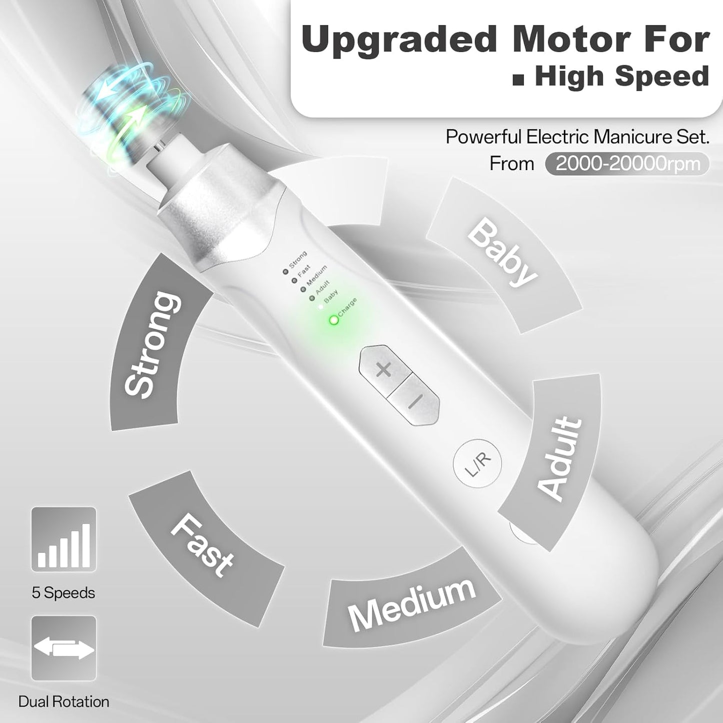 Electric Nail File Drill - Cordless 2000 mAh Rechargeable Portable Machine for Acrylic Manicure & Thick Toenails | Silver