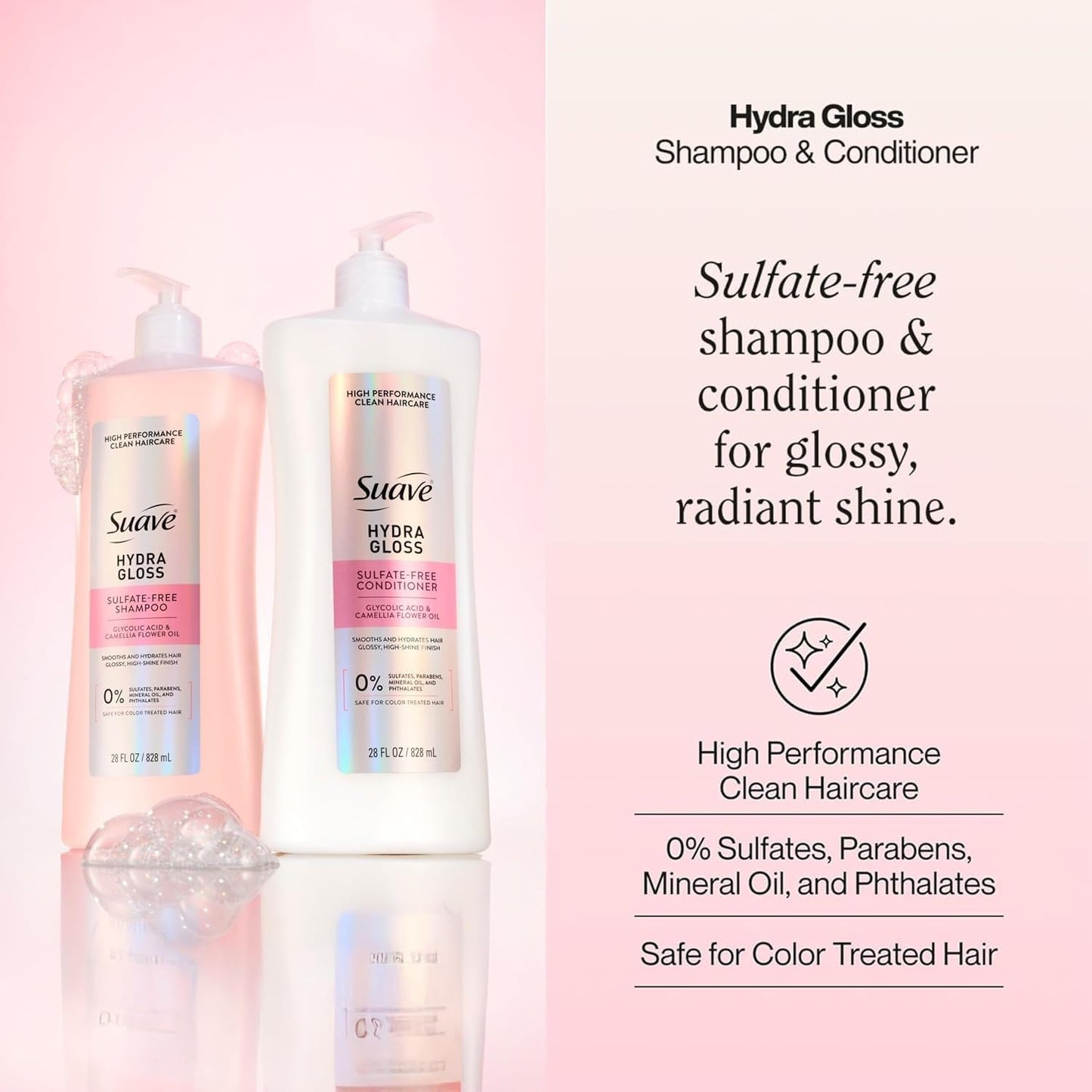 Suave Hydra Gloss Sulfate Free Shampoo and Conditioner Set with Glycolic Acid, Camellia Oil for Smooth, Glossy Shine on Dull, Dry, Color Treated Hair, 28 Fl Oz Each