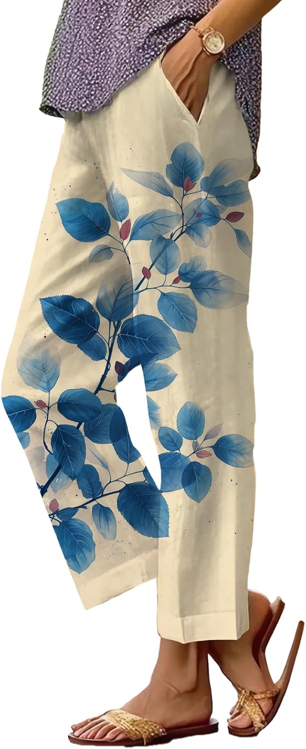 Women's Boho Floral Wide Leg Capris - Elastic Waist, Loose Fit Beach Pants | Casual Summer Trousers