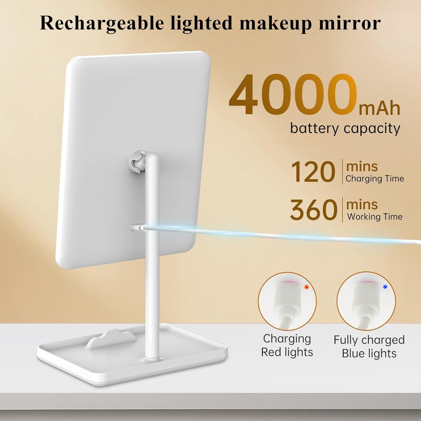 Vanity Mirror with Lights - Rechargeable Makeup Mirror | Smart Touch, 3-Color Dimmable Lighting, 40X Magnification, White
