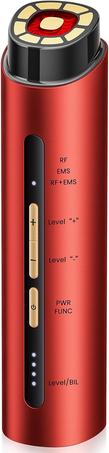 Microcurrent Facial Device - 3 Modes Red Light Therapy for Face & Neck | Gold Skin Care Massager