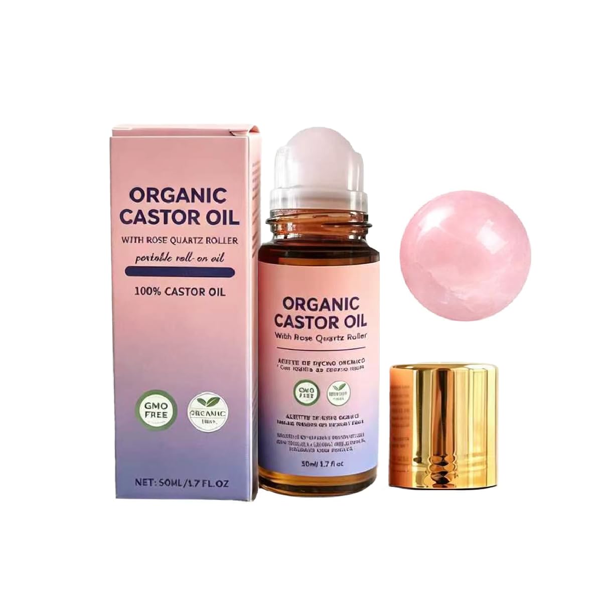 Veuvul Organic Castor Oil Rose Quartz Roller Ball,100% Pure Cold-Pressed Natural Formula for Skin & Hair Care, Hexane-Free.1.7oz (1Pcs)