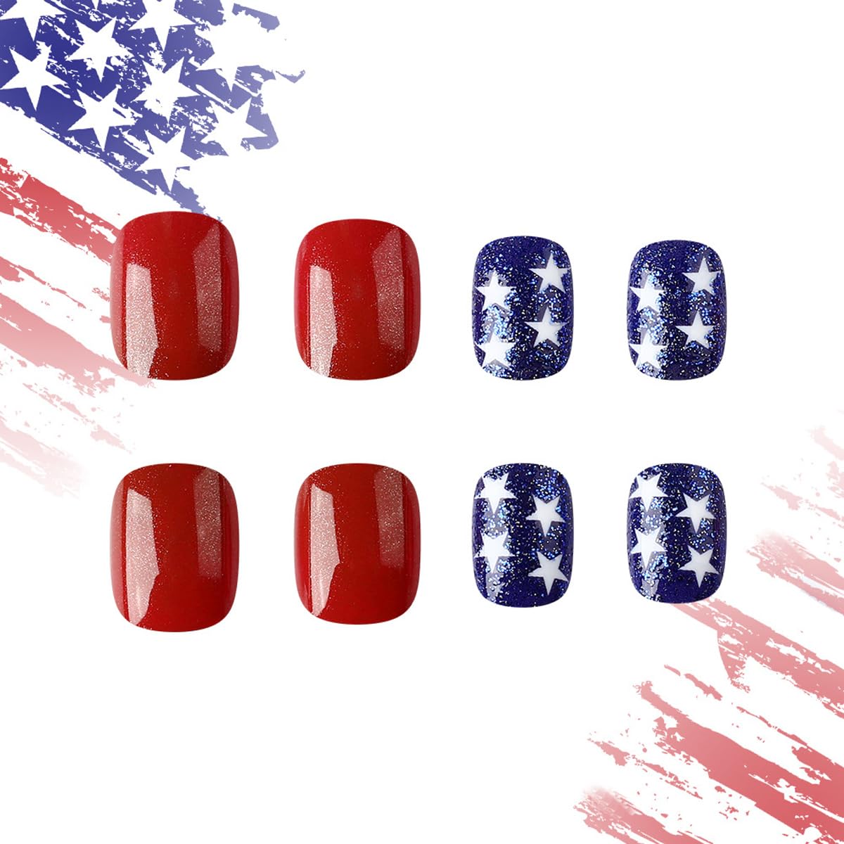 4th of July Press on Nails Short Square Fake Nails Patriotic Nails Press ons with American Flag Stars & Stripes Design,Reusable Artificial Nails,24Pcs Nail Kit for Women Independence Day Manicure