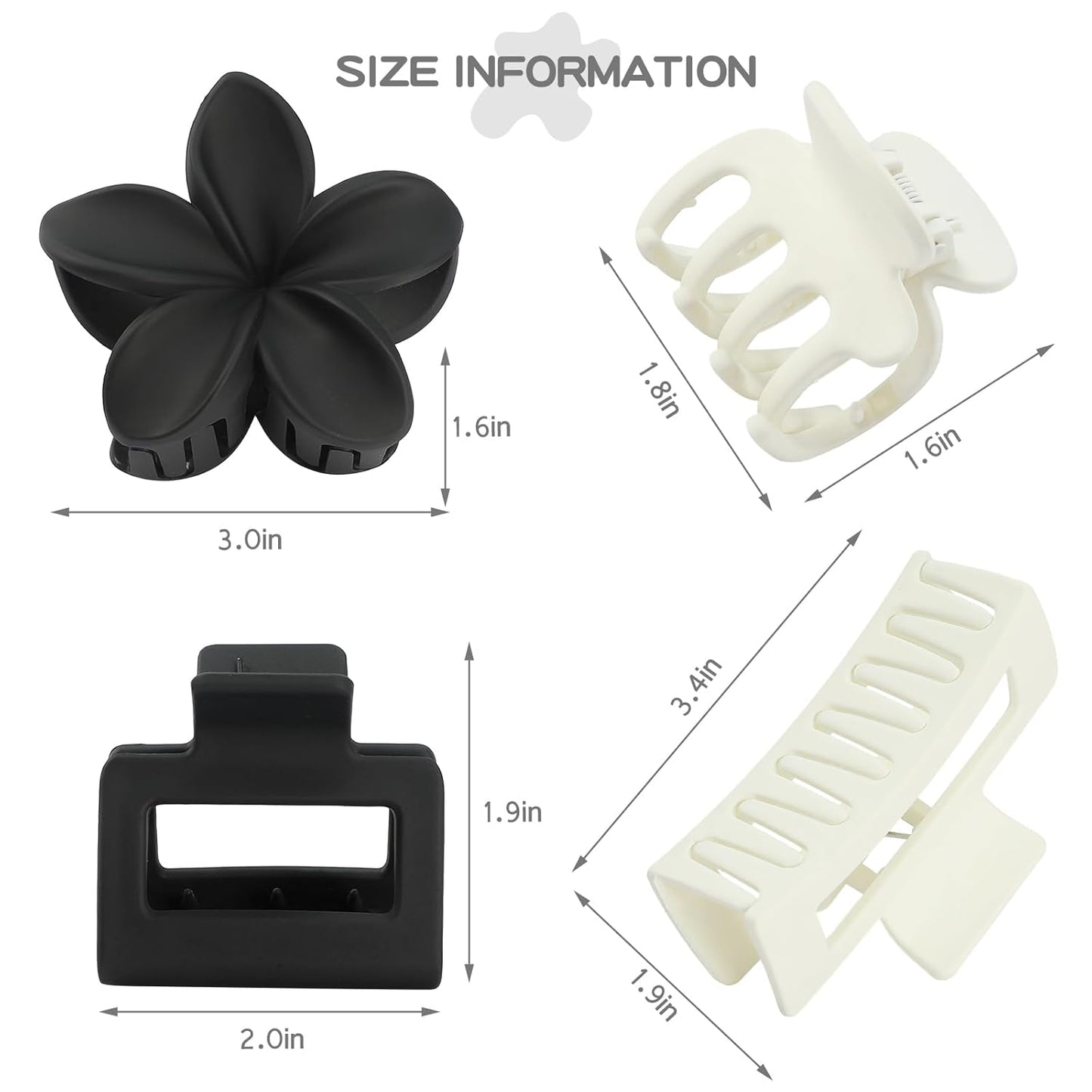 Matte Hair Clips for Women - Strong Hold Non-Slip Claw Clips | 8 Pcs in Neutral Colors (White & Black)