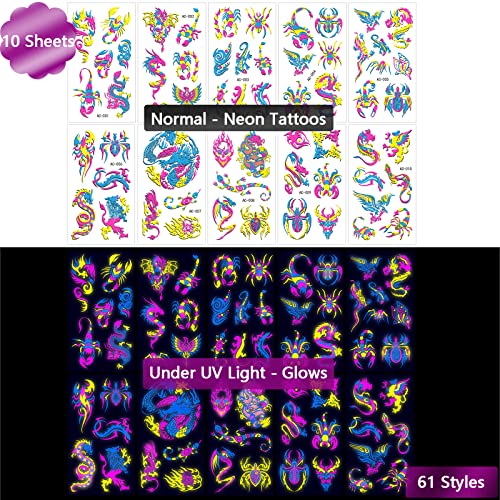 Maripabon Neon Dragon Scorpion Temporary Tattoos 61 Pc Glow UV Body Art