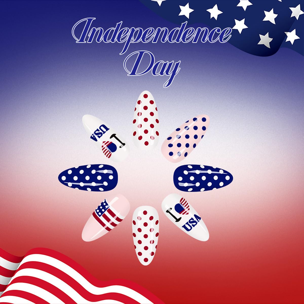 4th of July Press on Nails Polka Dot Fake Nails Medium Almond False Nails with American Flag & Heart Designs Red White Blue Patriotic Nail Reusable Full Cover Glue on Nails for Women Kit 24Pcs