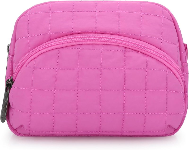 Quilted Makeup Bag - E-Tree Puffer Cosmetic Pouch for Women | Travel Toiletry Organizer Case (Pink)