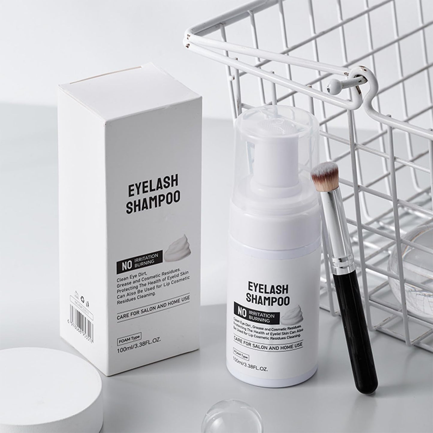 Eyelash Extension Cleansing Foam - 3.4 fl.oz Lash Shampoo with Applicator Brush, Safe Makeup Remover for Extension & Natural Lashes, Oil-Free Foaming Formula