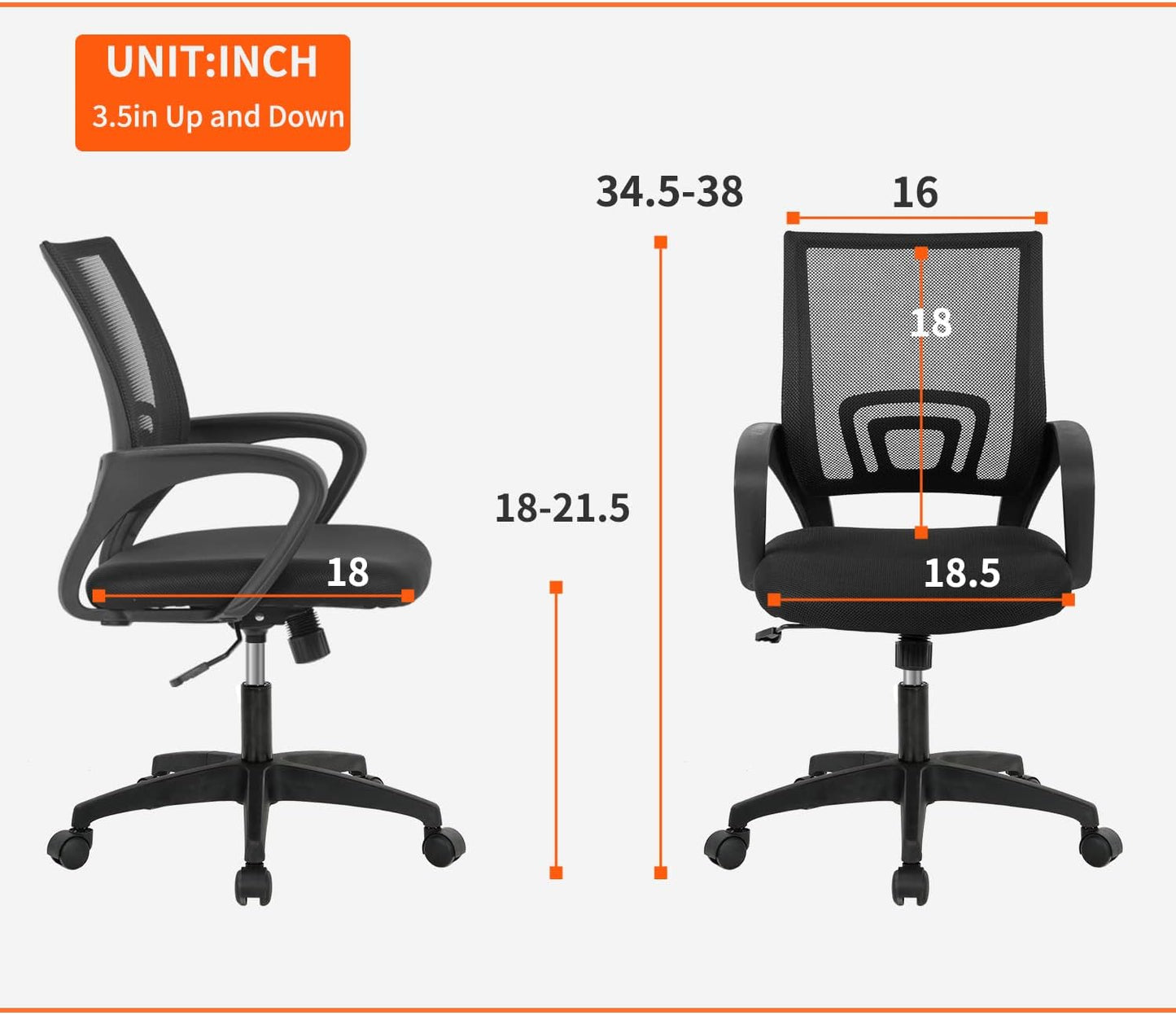 Ergonomic Office Chair - Mid-Back Swivel Desk Chair with Breathable Backrest & Lumbar Support | Adjustable Height | Black