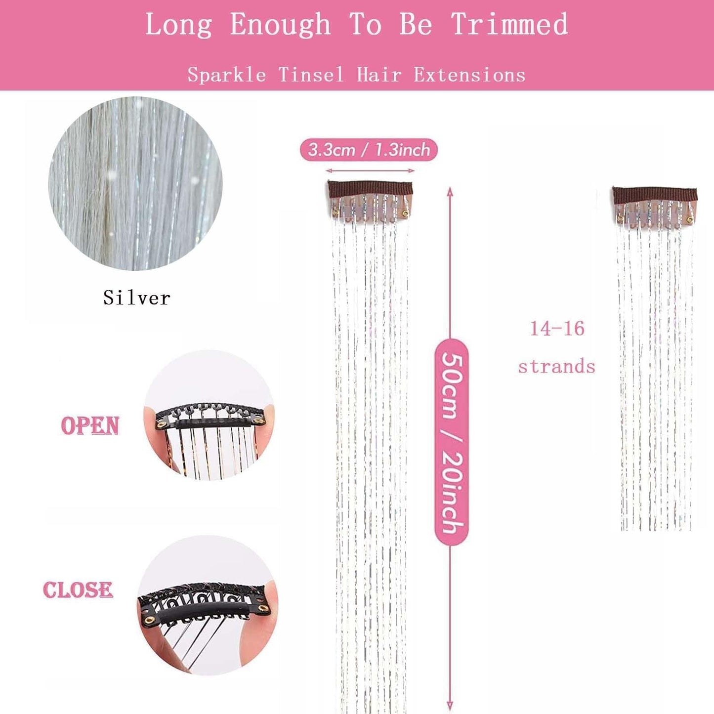 Hair Tinsel Clip in Tinsel Hair Extensions, 6Pcs 21.6In Fairy Glitter Hair Tinsel for Women Sparkle Heat Resistant Festival Hair Accessories for Halloween, Christmas, New Year, Party, Cosplay