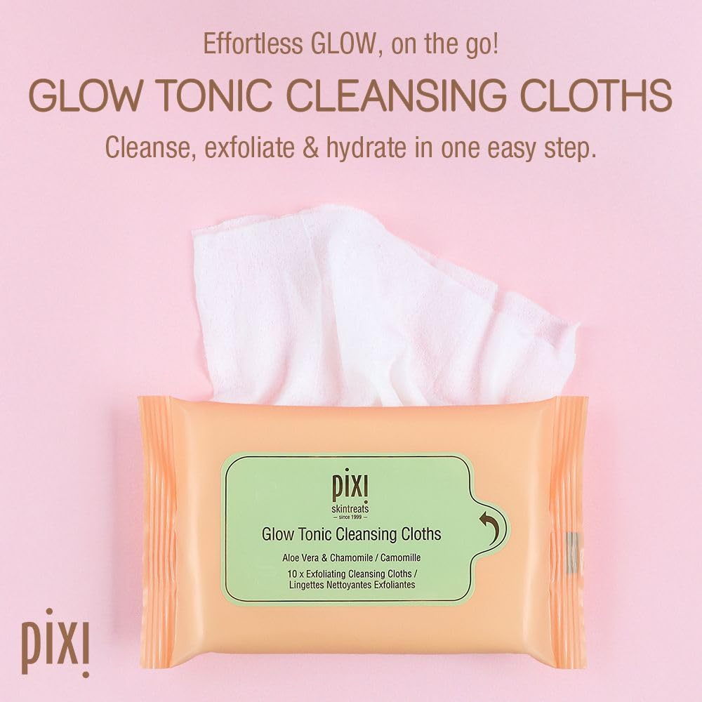 Pixi Beauty Glow Tonic Cleansing Cloths - Exfoliating & Hydrating Face Wipes | Pack of 10 Towelettes