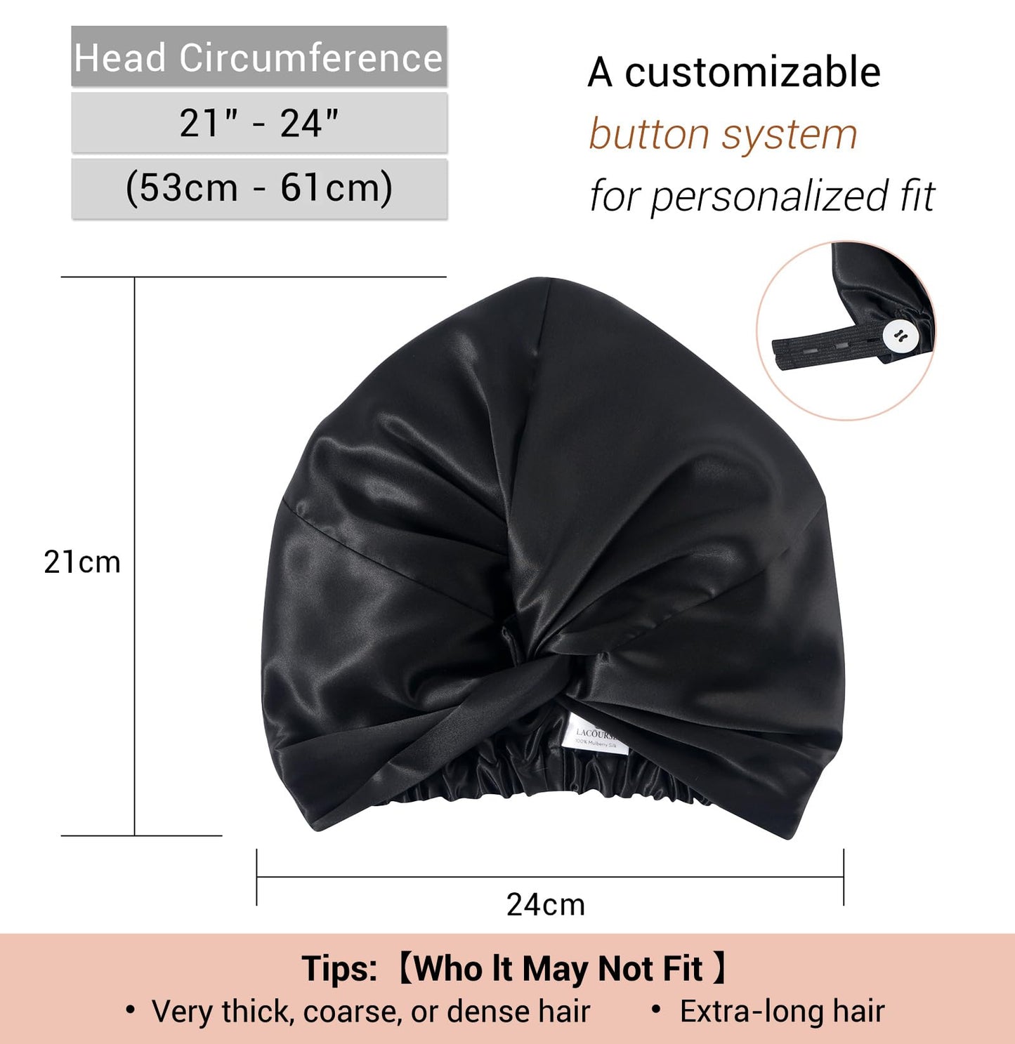 LaCourse Anti-Slip Adjustable Real 22 Momme 100% Mulberry Silk Bonnet with Scrunchie for Sleeping Women, Double-Layered Silk Hair Bonnet for Curly Hair, One Size (21-24 inch Head Size), Black