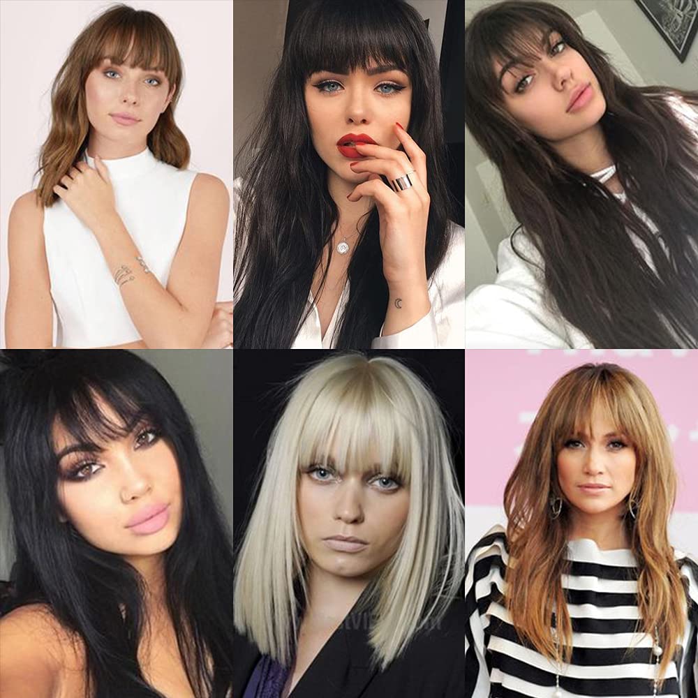 Clip-In Bangs - Natural Real Human Hair Wispy Fringe Extensions | Black Brown Flat Bangs