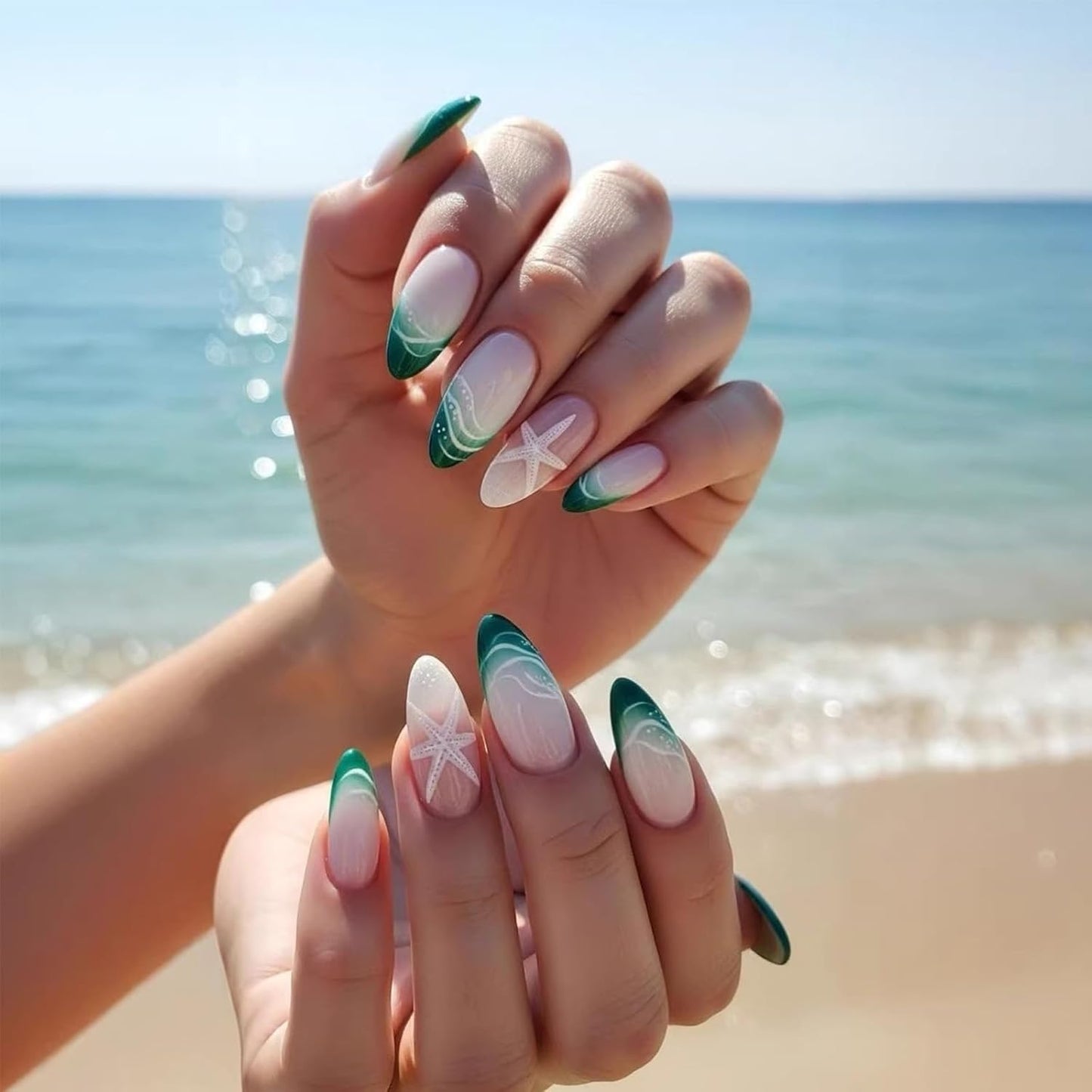 Colorful Gradient Press-On Nails - Medium Almond Summer Sunset | Reusable Glossy Full Cover 24 Pcs with Adhesive Stickers