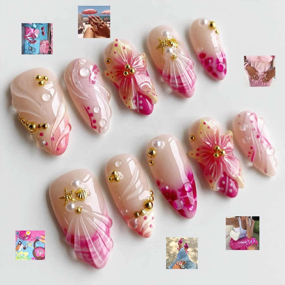 Press-On Almond Nails - Blue & Yellow Fruit Design | Reusable 30-Piece Nail Kit for Spring & Summer Manicure