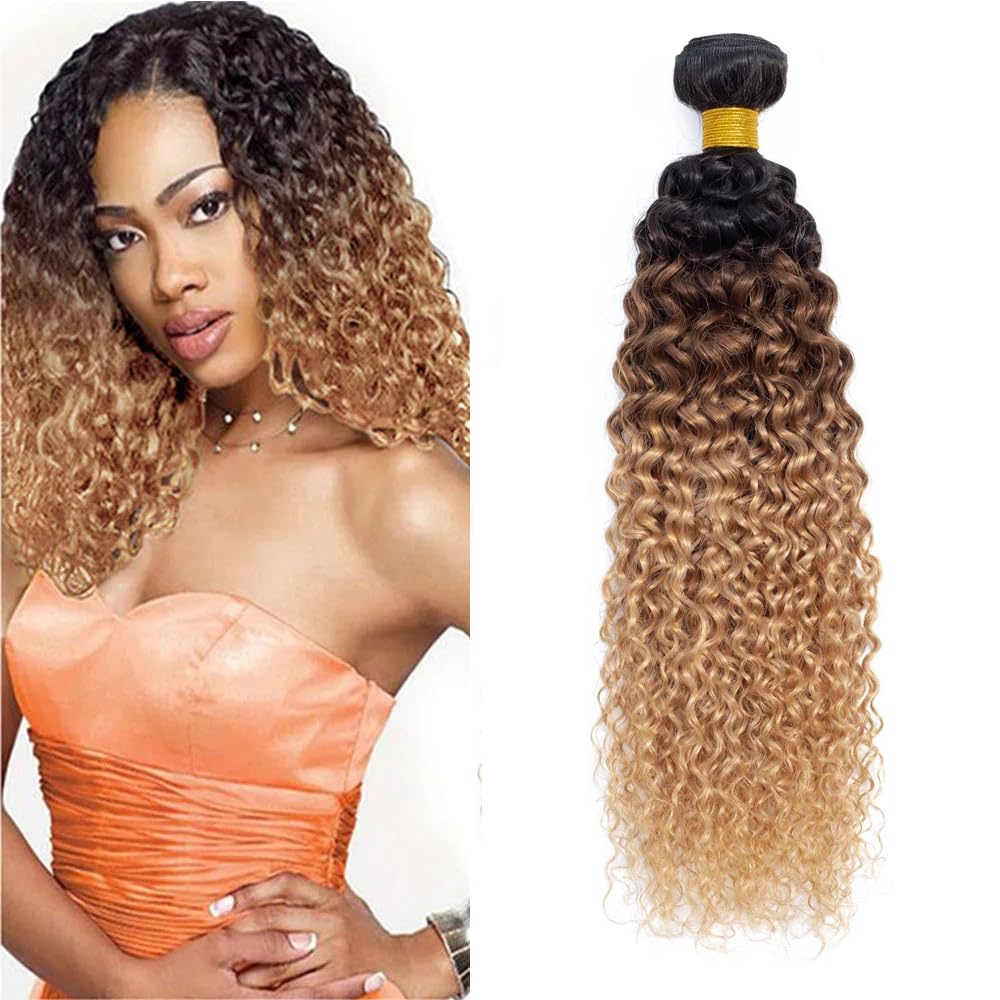 18 Inch T1B4/27 Ombre Blonde Bundles Human Hair Kinky Curly 1 Bundles 100 Grams/Bundle 10A Grade Unprocessed Brazilian Virgin Hairs Ombre Bundles Weaves Hair Extensions For Women