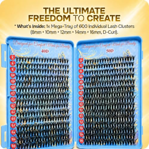 Q&T Faux Lash 600-Piece 40D-50D D Curl Cluster Lashes 8-16mm (Individual Box) with Free Mascara Shield & Eyeliner Stencil, Beginner-Friendly