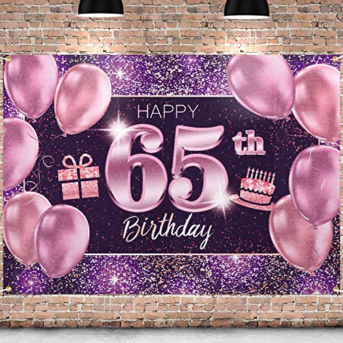 65th Birthday Banner Backdrop - Pink Purple Gold 4x6ft Party Decor