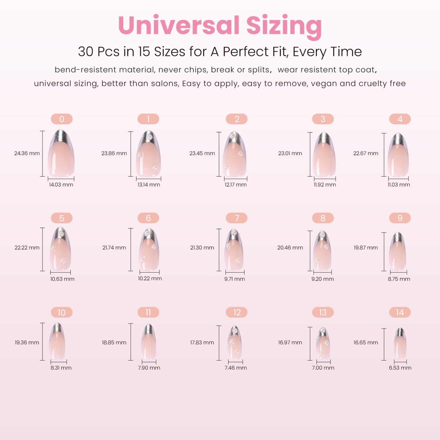 Press On Nails - Sheer Nude Medium Almond with Metallic Silver French Tip & Pearl | 15 Sizes, Reusable Stick-On Nail Kit for Women