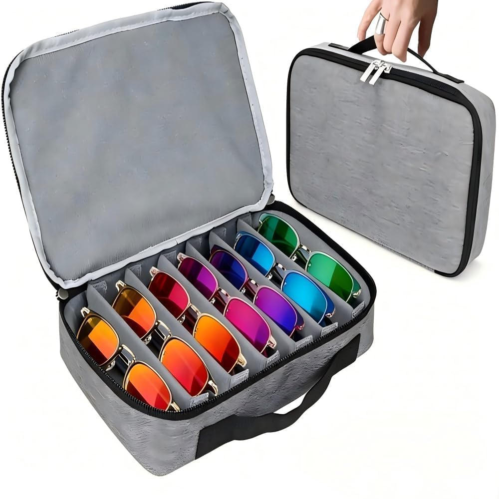 Travel Sunglasses Organizer Glasses Case Multiple Pairs Adjustable Slots Portable Eyeglasses Case Storage Box for Men Women (grey)