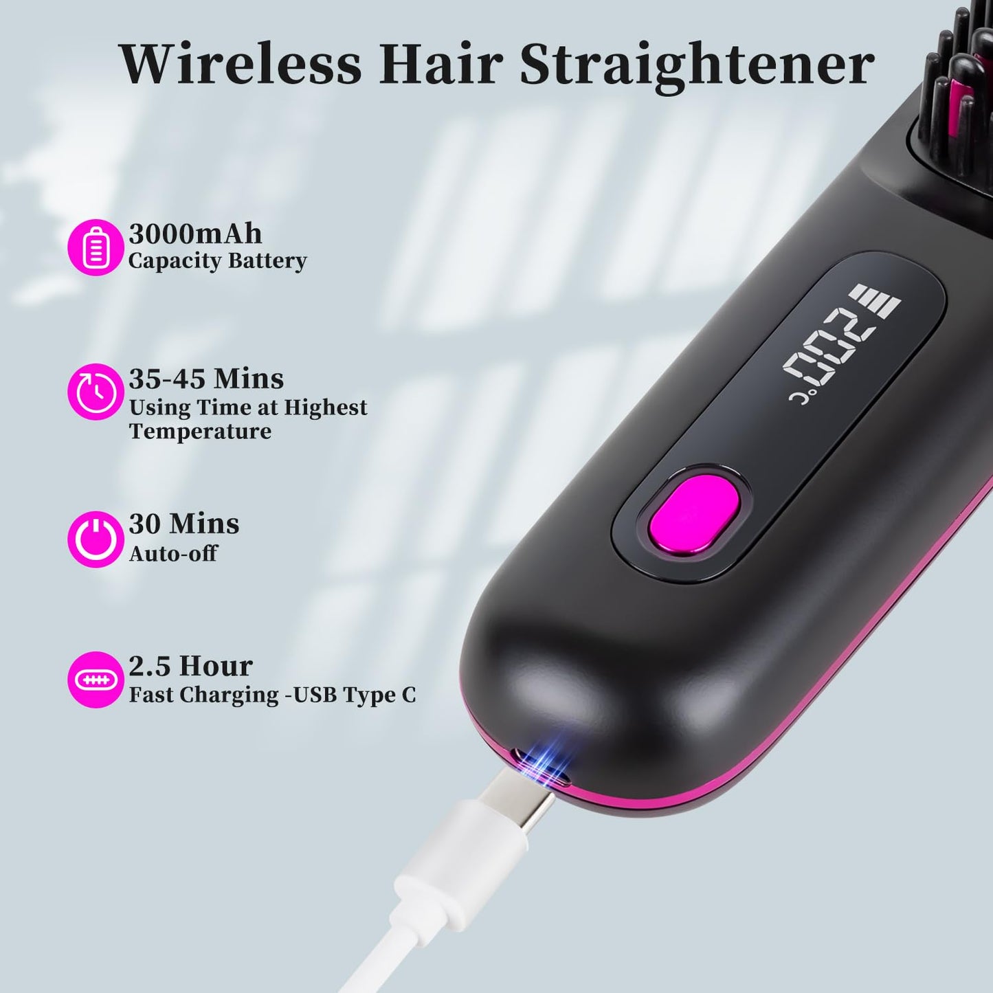 Go Brush Pro,2026 New Cordless Straight Hair Brush, Portable Scald-Proof mini Straight Hair Comb with Three Temperature Settings and LED Display Screen, Quickly Heating Travel Hair Brush (light black)