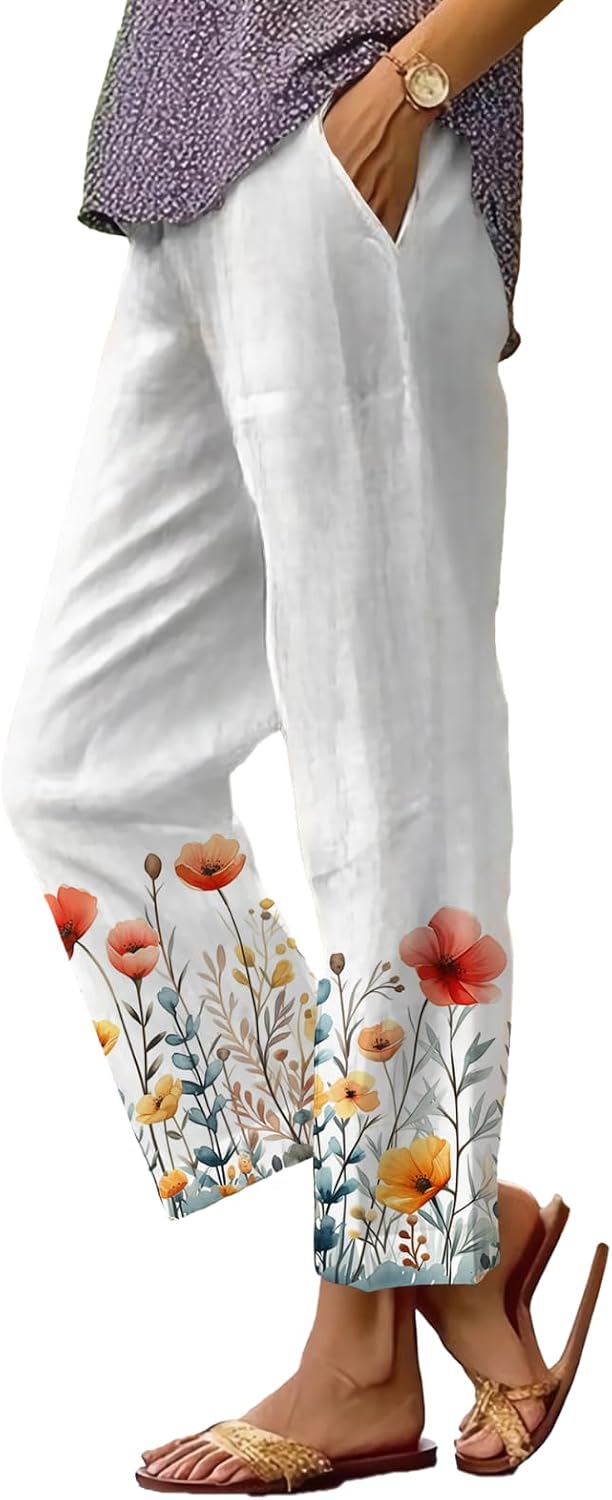 Women's Boho Floral Wide Leg Capris - Elastic Waist, Loose Fit Beach Pants | Casual Summer Trousers