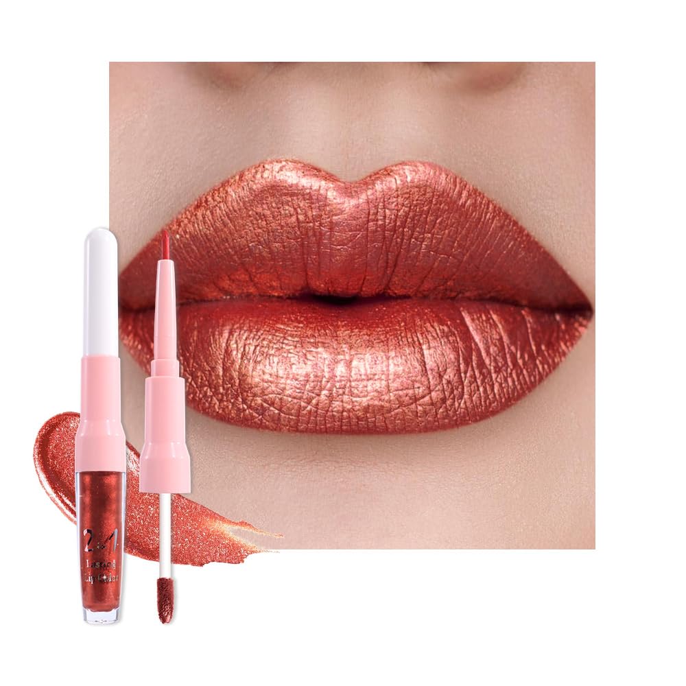 Dark Purple Red Metallic Glitter Lip Liner & Lipstick Combo - Long Lasting Waterproof Liquid Lipstick Set for Women | Iridescent Shine, Non-Stick Cup