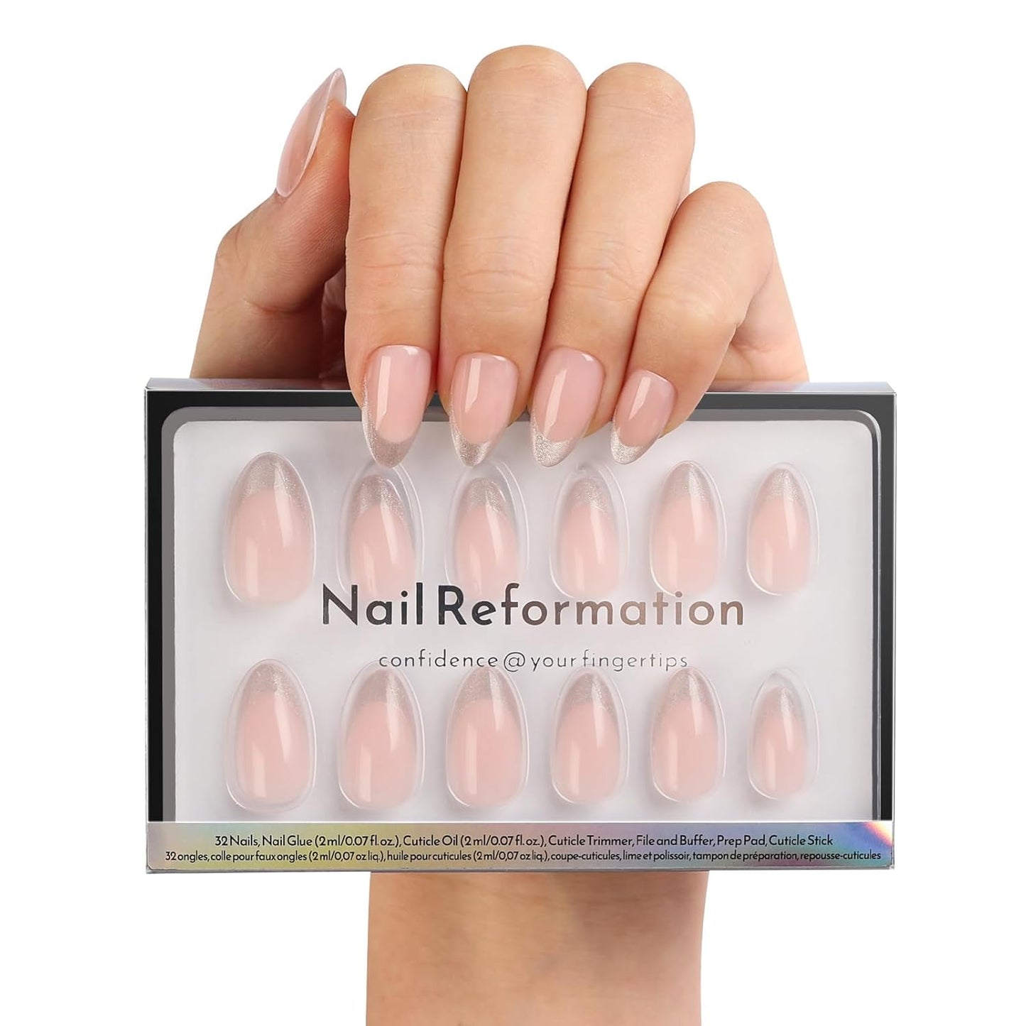 Press On Nails - She's a Natural | Short Square White French Tip on Nude Base, Glossy Finish - 30 Reusable Stick-On Nails in 15 Sizes for Women