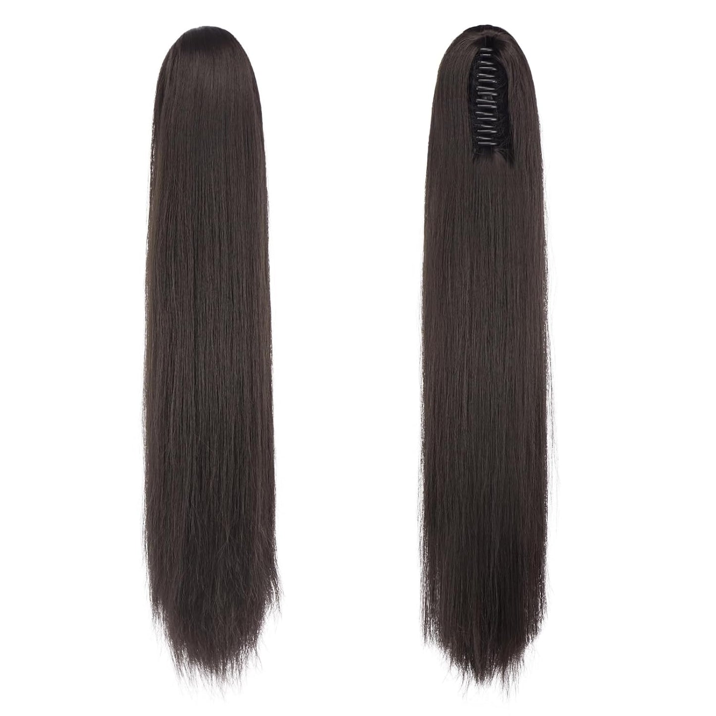 Claw Ponytail Extensions - Long Dark Brown Straight Hairpieces | 25-Inch Synthetic Clip-In Tails