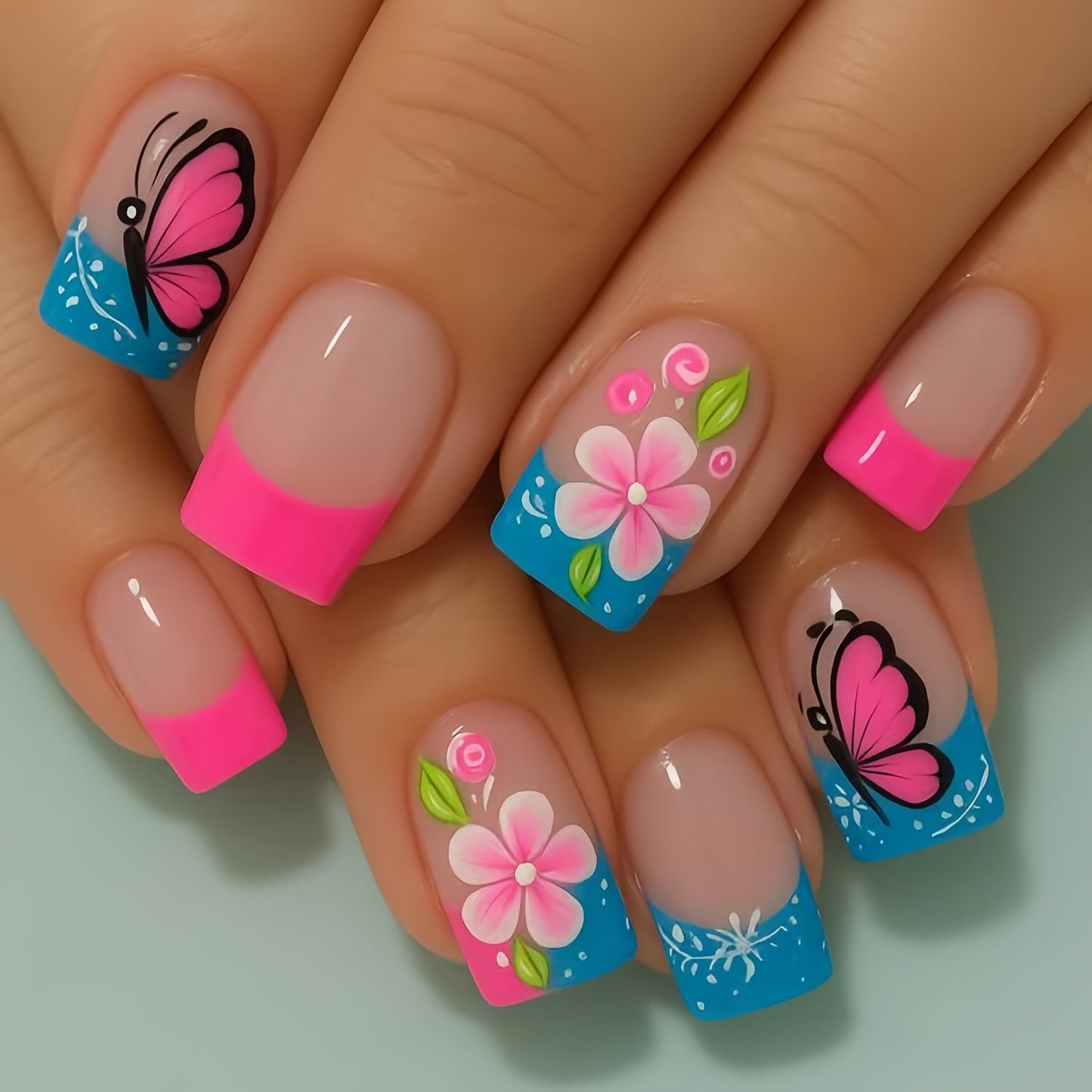Summer Press-On Nails - Short Square Fake Nails with Sunset Coconut Trees Design | 24 Pcs Glossy Blue French Tips, Reusable Manicure