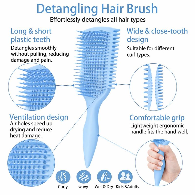 Curly Hair Detangler Brush - Lightweight Vented Design for Easy Glide | Effortlessly Detangles All Hair Types (Blue)
