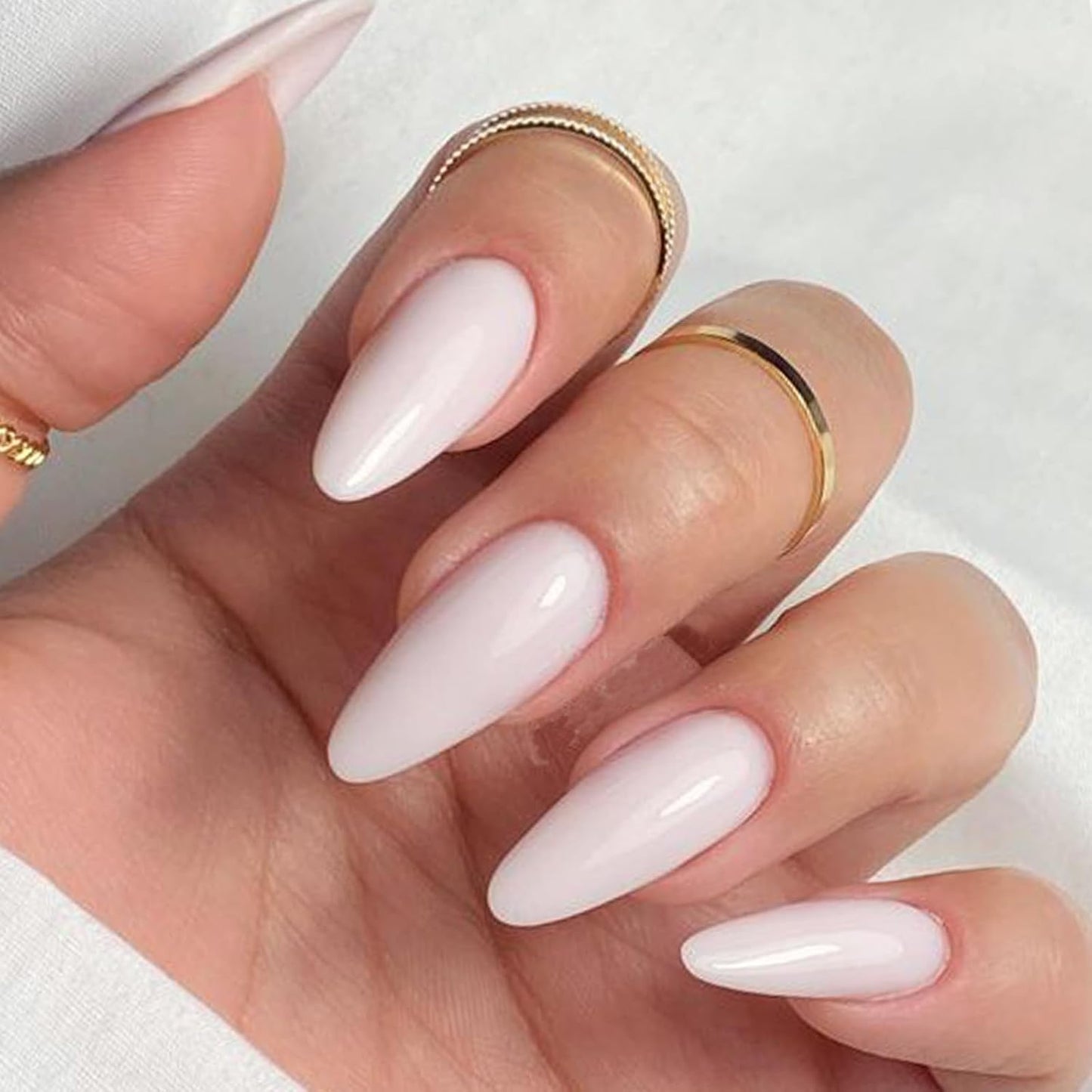 Press On Nails | Medium Almond White Ombre Gel False Nails - Reusable Short Stiletto & Oval Acrylic Manicure Set