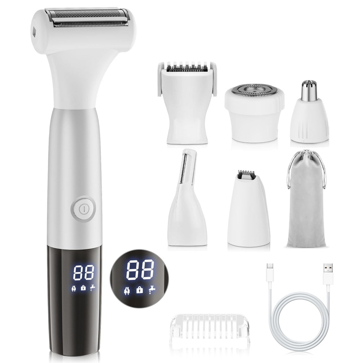 6 in 1 Bikini Trimmer and Shaver Kit for Women, Wet/Dry Electric Body Hair Trimmer Facial Hair Removal Cordless Waterproof Bikini Shaver Razor for Face Nose Eyebrow Arm Leg Pubic Armpit Bikini