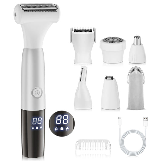 6 in 1 Bikini Trimmer and Shaver Kit for Women, Wet/Dry Electric Body Hair Trimmer Facial Hair Removal Cordless Waterproof Bikini Shaver Razor for Face Nose Eyebrow Arm Leg Pubic Armpit Bikini