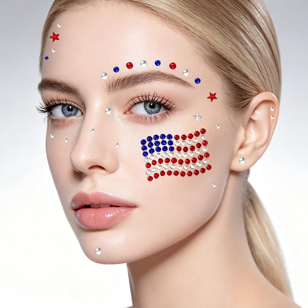 Mysense 4th of July Face Gems Stickers, Red White Blue Rhinestone Face Jewels, 250th Anniversary Flag & Fireworks, Self-Adhesive for Women’s 4th of July Outfits, Makeup & Party Accessories