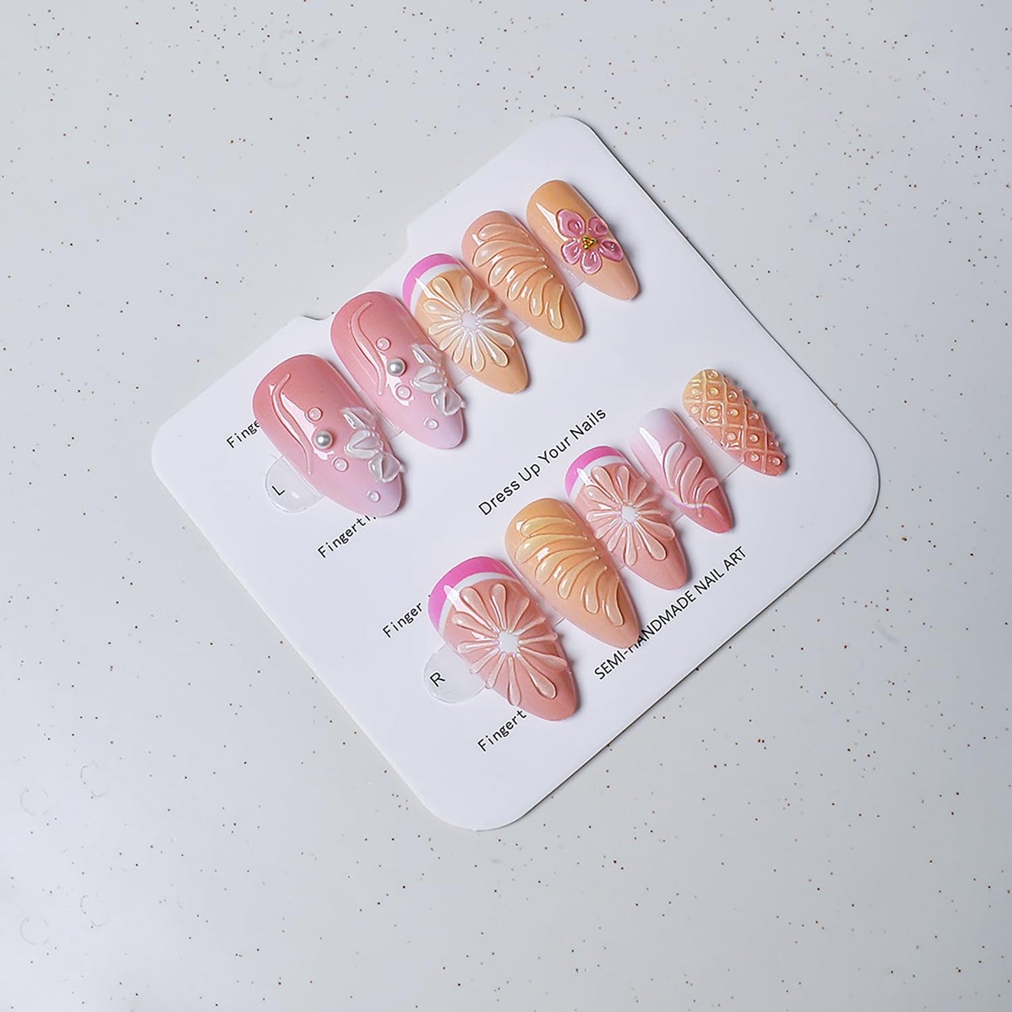 24Pcs Summer Press-On Nails - Medium Almond 3D Lemon Flower Acrylic with Gold Beads | Cute Floral Full Cover
