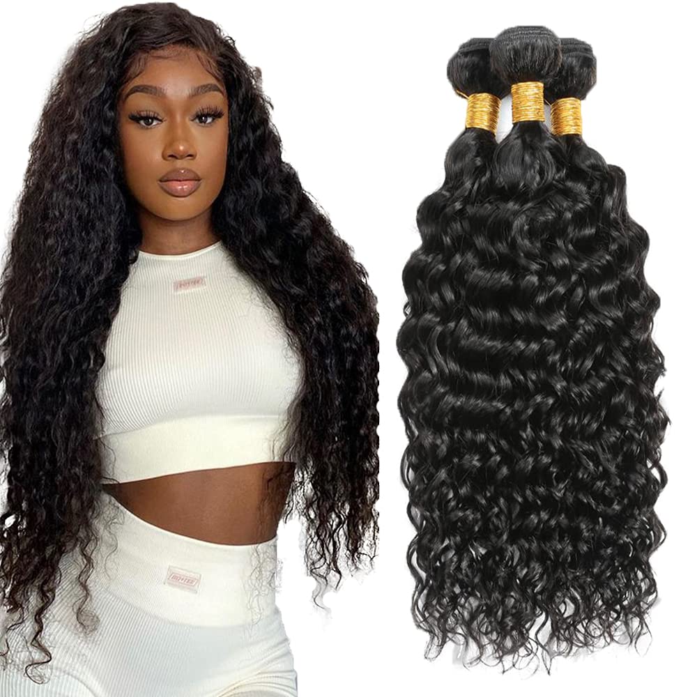 30 30 30 Inch #1B Water Wave Bundles Human Hair 3 Bundles 50 Grams Per Bundle 10A Grade Unprocessed Brazilian Virgin Hair Natural Black Color Water Wave Bundle Weaves Extensions for Black Women
