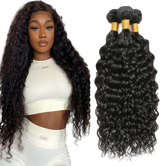 30 30 30 Inch #1B Water Wave Bundles Human Hair 3 Bundles 50 Grams Per Bundle 10A Grade Unprocessed Brazilian Virgin Hair Natural Black Color Water Wave Bundle Weaves Extensions for Black Women