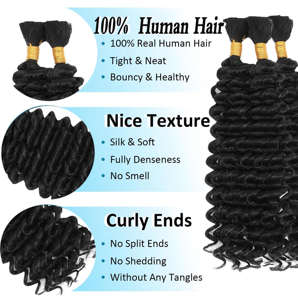 30 30 30 Inch #1B Human Braiding Hair for Boho Braids Natural Blck #1B Boho Human Hair Braiding Deep Wave Knotless Bulk Bohemian Natural Color Braids 150g