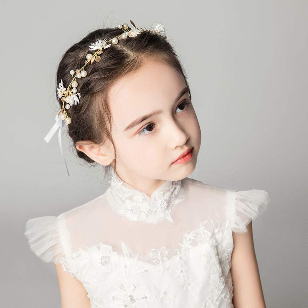 Flower Girl Headpiece White Little Daisy Gold Leaf Faux Pearls Rhinestone Floral Leaves Hair Accessories Girls Bridal Party Wedding