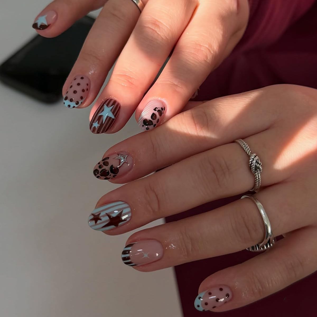 Polka Dot Press-On Nails - Short Almond Nude Chrome | Reusable Full Cover with Glazed Finish & White Dots