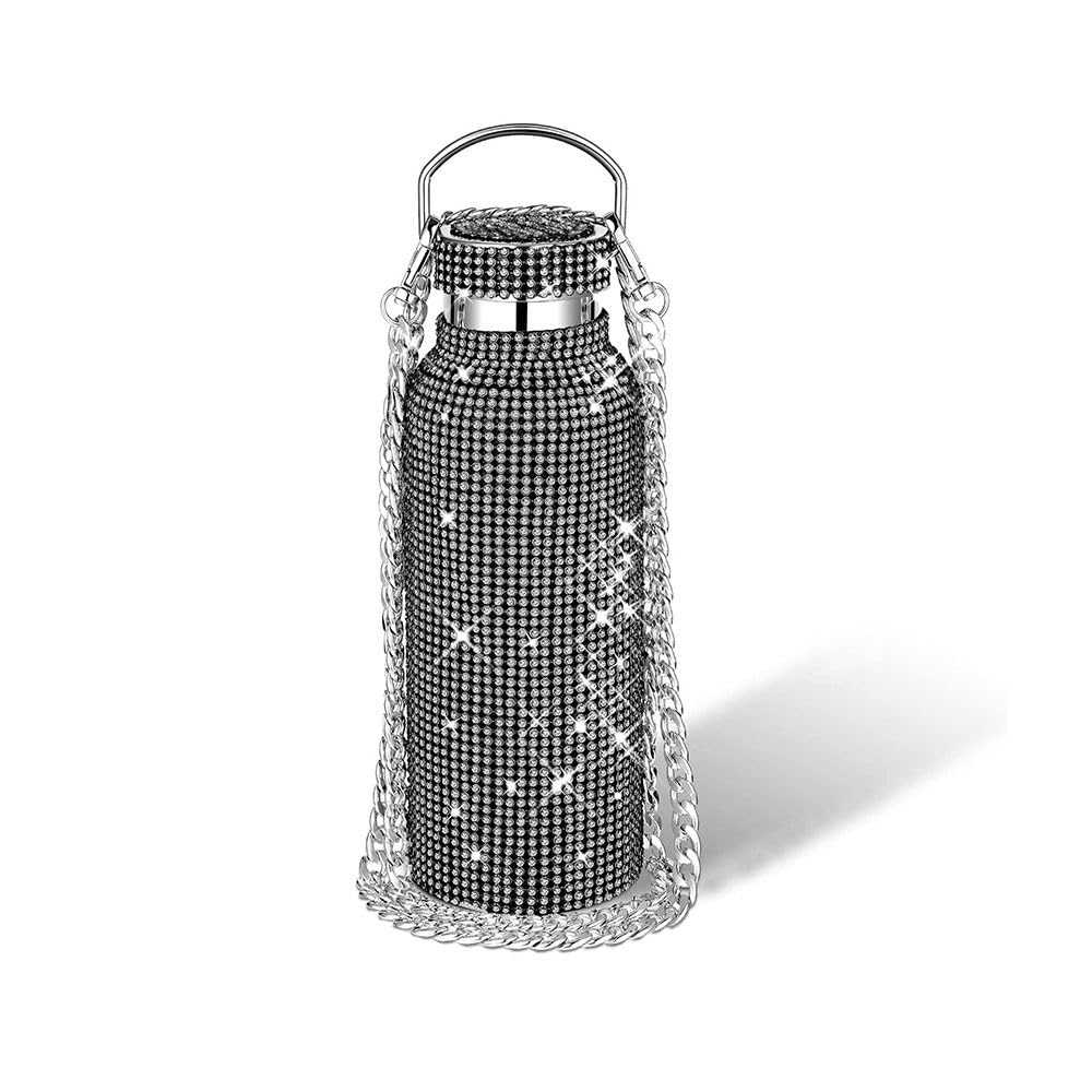 Rhinestones Water Bottle Rhinestone Water Bottle Glitter Tumbler, Thermal with Chain Bling Cups ﻿(350ml,Purple)