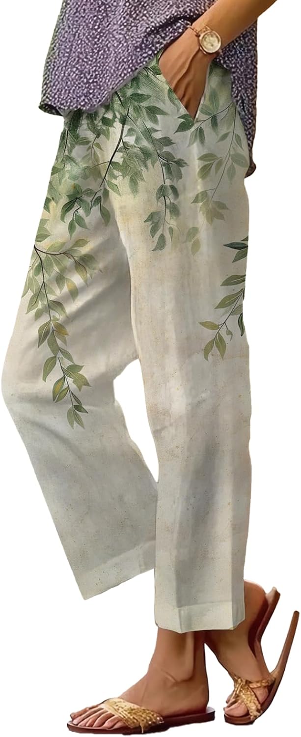 Women's Boho Floral Wide Leg Capris - Elastic Waist, Loose Fit Beach Pants | Casual Summer Trousers