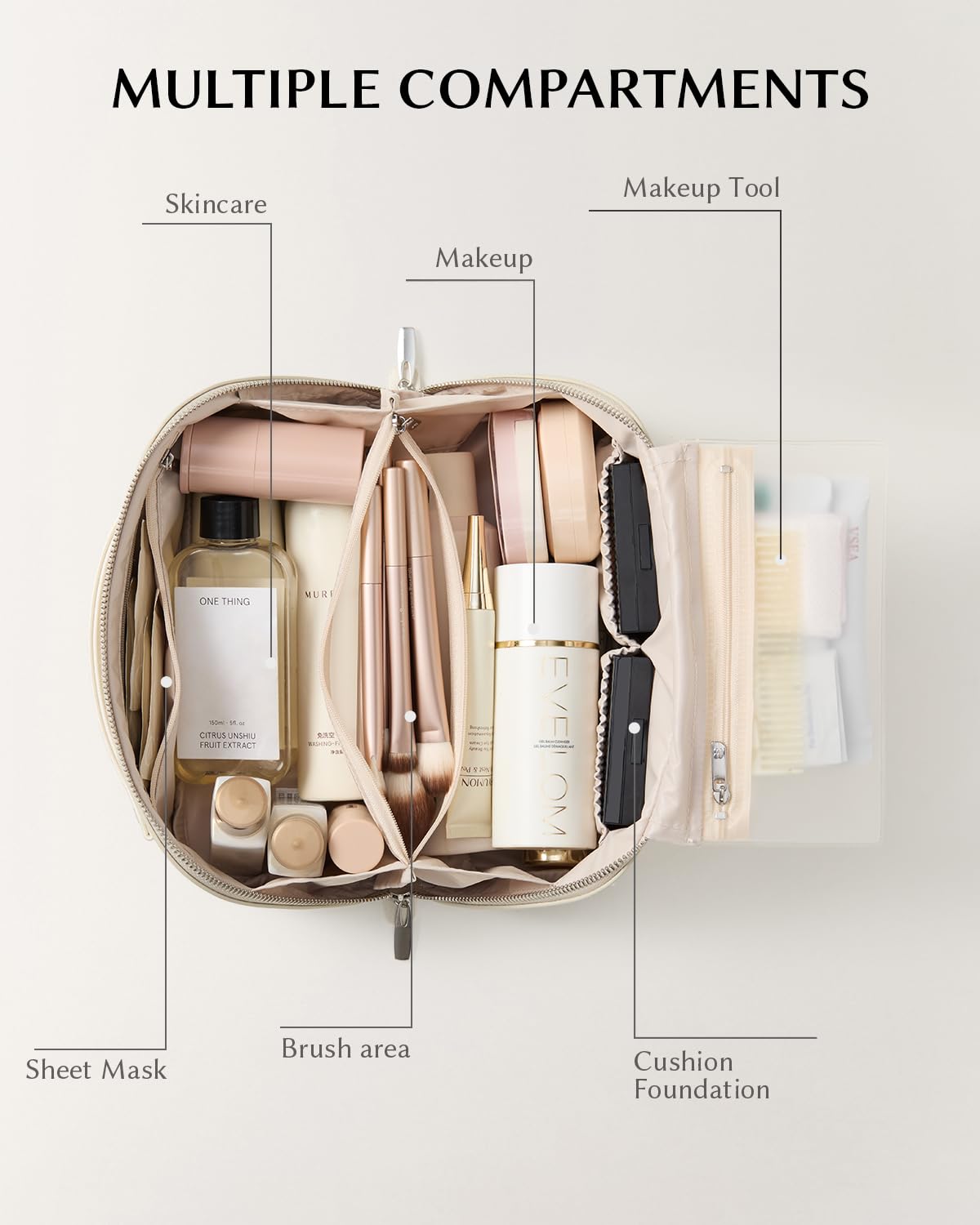 EACHY Travel Makeup Bag, 2.0 Cosmetic Bag for Women, Waterproof PU Leather,Flat Open Portable Toiletry Bag for Skincare, Brushes & Travel Essentials