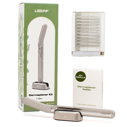 Leaf Shave | Leaf Dermaplaner Kit, All-Metal Reusable Dermaplane Razor and Exfoliating Tool for Women, Includes Matching Stand and 10-Pack of Refills - Silver
