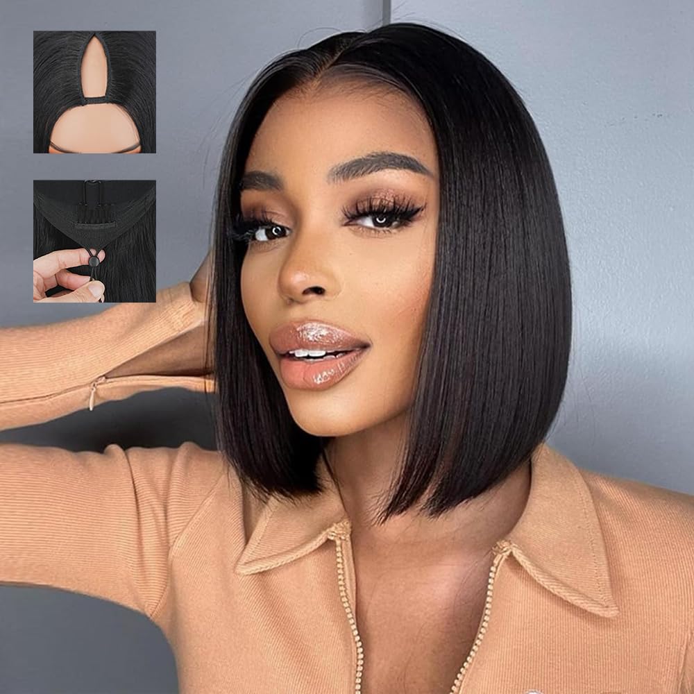 V Part Bob Wigs - 250% Density Brazilian Straight Human Hair for Black Women | 10-Inch Glueless Clip-In Half Wig