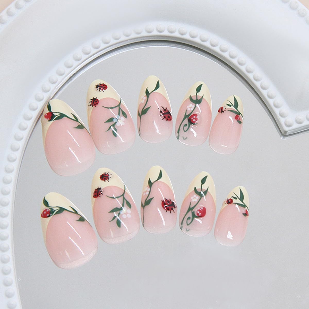 Almond Yellow French Tip Press-On Nails - Ladybug & Green Leaves Design | Reusable Full Cover 24 Pcs for Spring/Summer Manicure