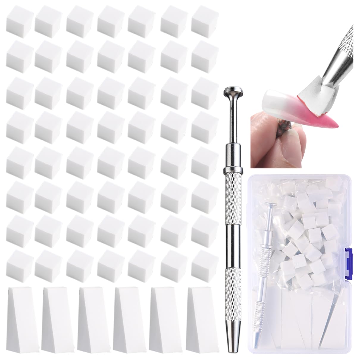 Soft Nail Sponges for Ombre & Gradient Effects - 100 Pcs White Nail Art Sponges with 6 Wedge Sponges & Grabbing Pen