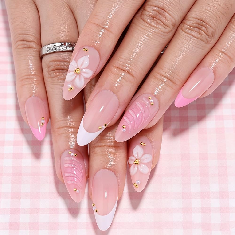 3D Gold Line French Tip Press-On Nails - Short Almond Glitter Light Nude | Handmade Acrylic Nails with 3D Pearl Designs