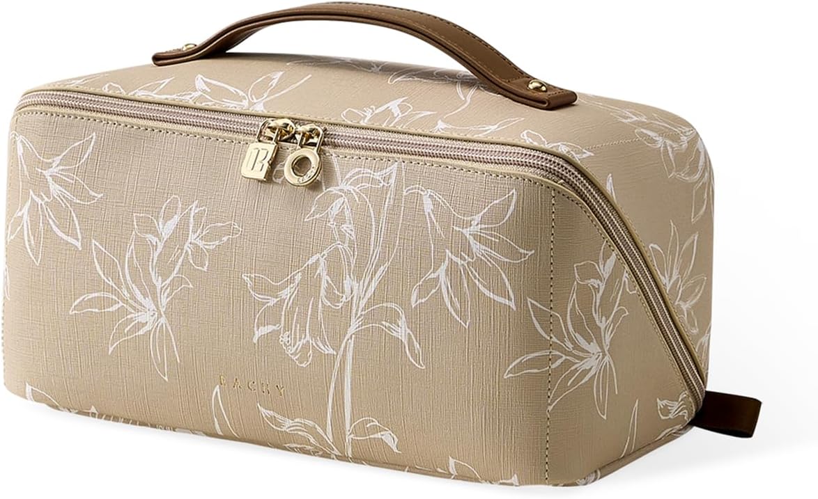 Travel Makeup Bag - Large Capacity Waterproof Cosmetic Pouch | Open Flat Design (F-Beige)